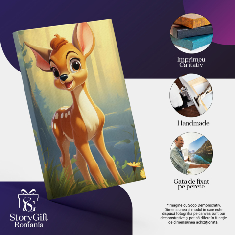Tablou Canvas: Personaj de Poveste Căprioara Bambi în Inima Desișului Razele Soarelui Pictura Digitala 40x25CM [2]