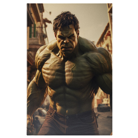 Personaje Desene Animate - Tablou Canvas:  Personaj din Benzile Desenate Marvel , Hulk cu Blugi Negrii si Brate Mari cu Privire Nervoasa Pictura Digitala 40x25CM