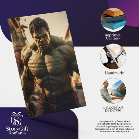 Tablou Canvas:  Personaj din Benzile Desenate Marvel , Hulk cu Blugi Negrii si Brate Mari cu Privire Nervoasa Pictura Digitala 40x25CM [2]