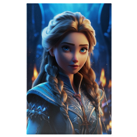 Marimea 40x25CM - Tablou Canvas:  Personaj Feminin cu Pisturi si Par Blond cu Ochii Ingandurati si Pelerina Albastra  Pictura Digitala 40x25CM