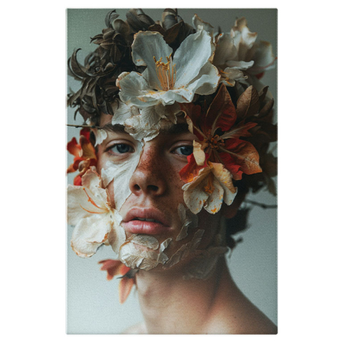 Portret - Tablou Canvas  Personaj Masculij cu Pistrui si Flori Albe pe Fata cu Ochii Albastri si Parul din Frunze Maro  , Pictura Digitala 40x25CM
