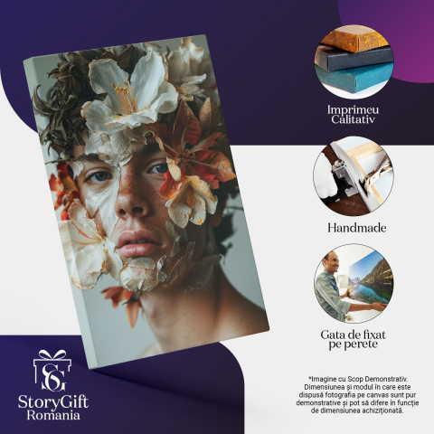 Tablou Canvas  Personaj Masculij cu Pistrui si Flori Albe pe Fata cu Ochii Albastri si Parul din Frunze Maro  , Pictura Digitala 40x25CM [2]