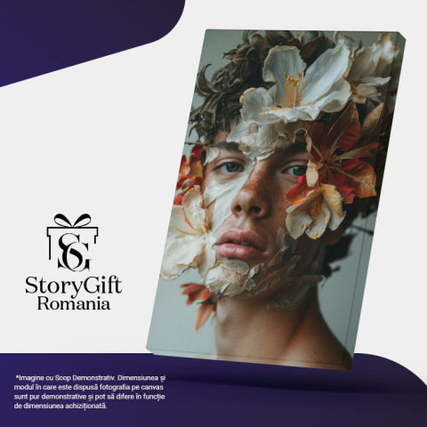 Tablou Canvas  Personaj Masculij cu Pistrui si Flori Albe pe Fata cu Ochii Albastri si Parul din Frunze Maro  , Pictura Digitala 40x25CM [4]