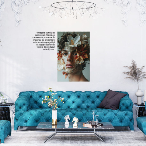 Tablou Canvas  Personaj Masculij cu Pistrui si Flori Albe pe Fata cu Ochii Albastri si Parul din Frunze Maro  , Pictura Digitala 40x25CM [1]