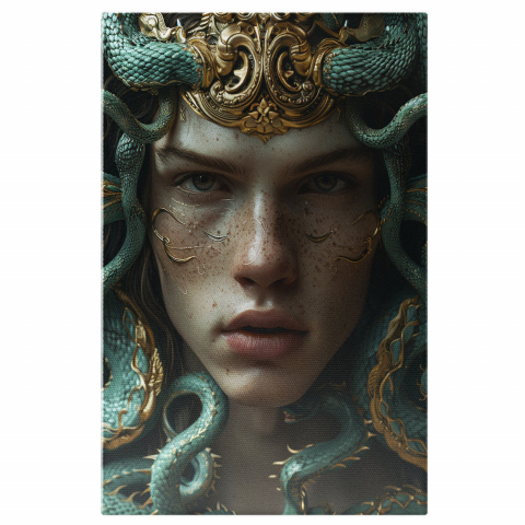 Personaje Desene Animate - Tablou Canvas Personaj Masculin cu Ochii Strălucitori și Pistrui, Modele de Șerpi Albastri pe Chip | Pictură Digitală, Marime 40x25CM