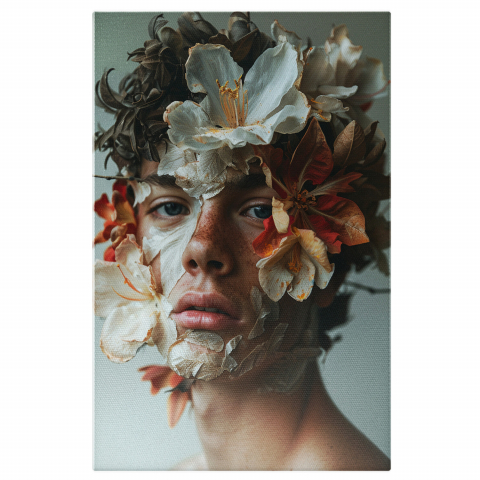 Tablou Canvas Personaj Masculin cu Pistrui și Flori Albe, Marime 40x25CM