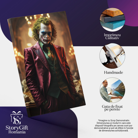 Tablou Canvas:  Personajul Jocker cu Parul Vopsit si Fata Pictata in Costum si Vesta Verde cu Cravata Pictura Digitala 40x25CM [2]