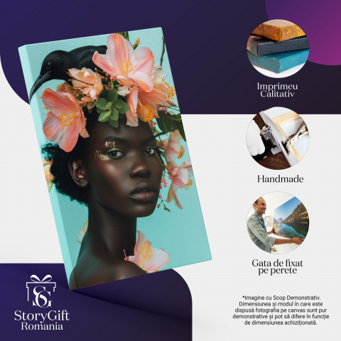 Personalitate Feminină cu Pasărea Ei și Flori Mari Roz pe Cap - Pictură Digitală, Marime 40x25CM [1]