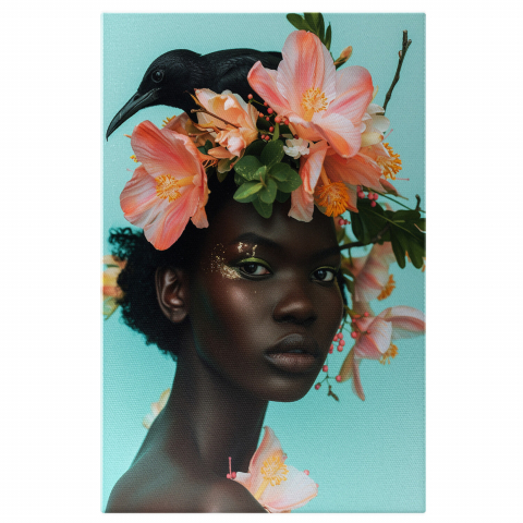 Flori - Personalitate Feminină cu Pasărea Ei și Flori Mari Roz pe Cap - Pictură Digitală, Marime 40x25CM