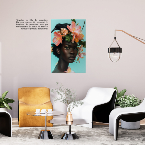 Personalitate Feminină cu Pasărea Ei și Flori Mari Roz pe Cap - Pictură Digitală, Marime 40x25CM [2]