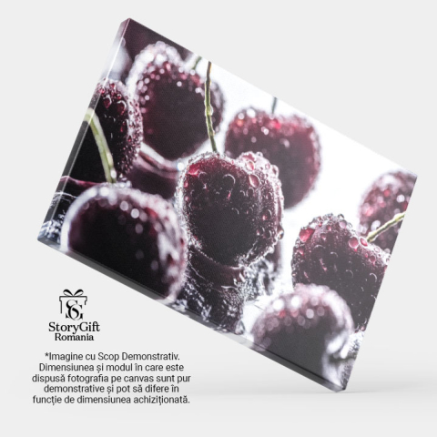 Tablou Canvas Perspectiva Detaliata a Cireselor Rosii si Maturate, Ornate cu Picaturi de apa, Oferind un aspect imbietor si Gustos al Fructelor Proaspete 40x25CM [3]