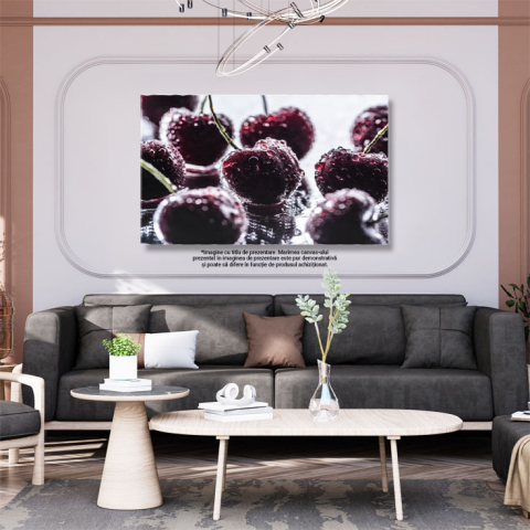 Tablou Canvas Perspectiva Detaliata a Cireselor Rosii si Maturate, Ornate cu Picaturi de apa, Oferind un aspect imbietor si Gustos al Fructelor Proaspete 40x25CM [2]