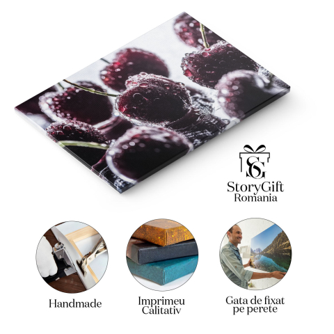 Tablou Canvas Perspectiva Detaliata a Cireselor Rosii si Maturate, Ornate cu Picaturi de apa, Oferind un aspect imbietor si Gustos al Fructelor Proaspete 40x25CM [1]