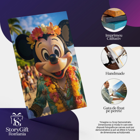 Tablou Canvas:  Petrecere Hawaiiana cu Personajul Principal Mickey Mouse cu Ghirlanda si Coronita de Flori Pictura Digitala 40x25CM [2]