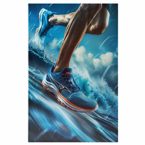 Sport - Tablou Canvas - Picături de Ploaie Peste Alergător în Mișcare cu Adidași Albastri, Marime 40x25CM