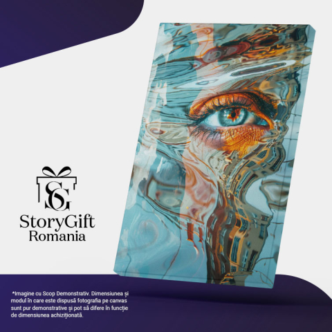Tablou Canvas:  Pictură Abstractă cu Efect Acvatic, Ochi Albastru și Machiaj Portocaliu- Reflecții și Artă Vizuală Pictura Digitala 40x25CM [4]