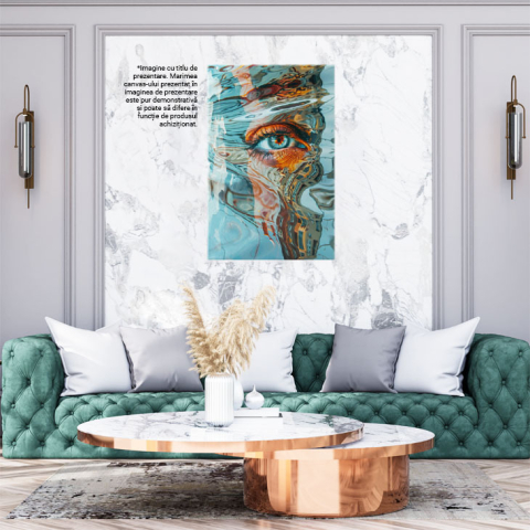 Tablou Canvas:  Pictură Abstractă cu Efect Acvatic, Ochi Albastru și Machiaj Portocaliu- Reflecții și Artă Vizuală Pictura Digitala 40x25CM [1]