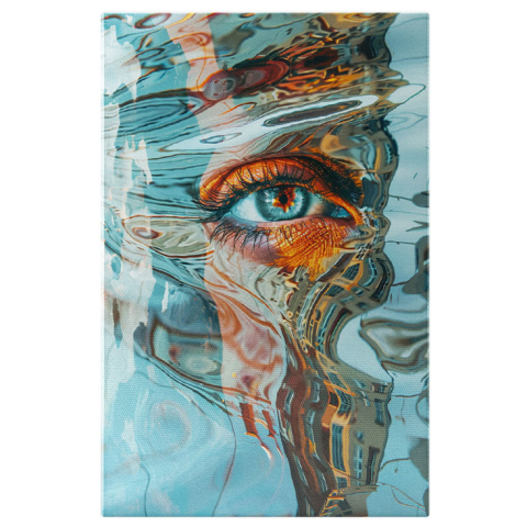 Abstract - Tablou Canvas:  Pictură Abstractă cu Efect Acvatic, Ochi Albastru și Machiaj Portocaliu- Reflecții și Artă Vizuală Pictura Digitala 40x25CM