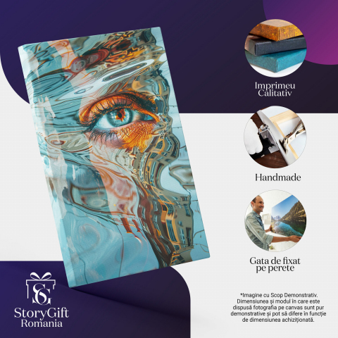 Pictură Abstractă cu Efect Acvatic, Ochi Albastru și Machiaj Portocaliu, Marime 40x25CM [1]