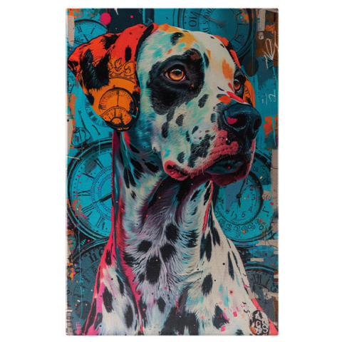 Câini - Tablou Canvas:  Pictură cu ceasuri în fundal și un Dalmațian colorat - Câine în lumea timpului grăbit Pictura Digitala 40x25CM