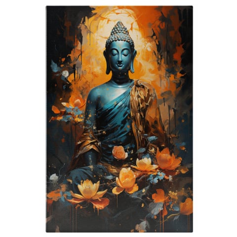 Tablouri Canvas - Tablou Canvas Buddha | Pictură Digitală cu Meditație și Flori Abstracte, Marime 40x25CM