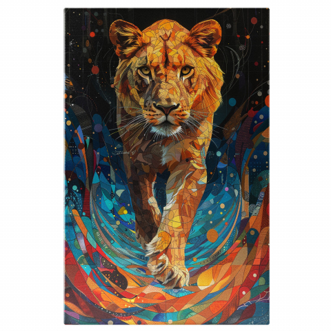 Pictură în Stil de Vitral cu o Leoaică - Pași de Felină în Culorile Curcubeului, Marime 40x25CM