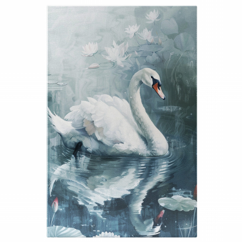 Tablouri Canvas - Tablou Canvas - Pictură în Ulei cu Lebădă și Reflexie pe Lac: Nuferi pe Apă, Marime 40x25CM