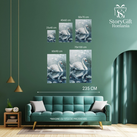 Tablou Canvas - Pictură în Ulei cu Lebădă și Reflexie pe Lac: Nuferi pe Apă, Marime 40x25CM [3]