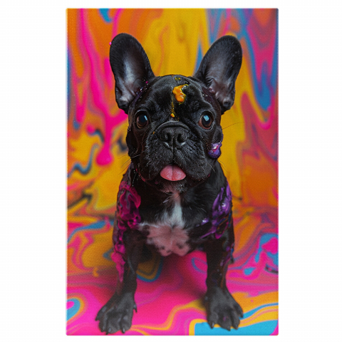 BullDog Francez cu Ochii Mari lângă Perete Colorat - Tablou Canvas, Marime 40x25CM