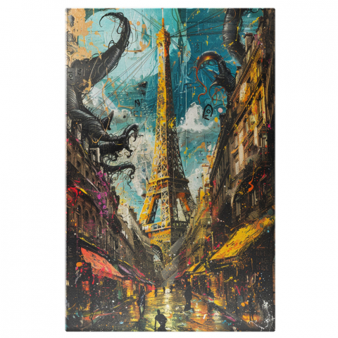 Atracții Turistice - Pictură Turnul Eiffel cu Stropi de Culoare și Tonuri Calde de Lumină, Marime 40x25CM