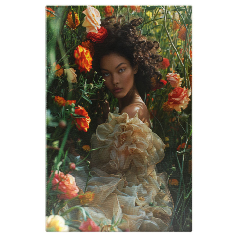 Portret - Tablou Canvas: Piele Bronzată în Culorile Tăcerii O Odă Adusă Naturii Înfloritoare Primăvara Pictura Digitala 40x25CM