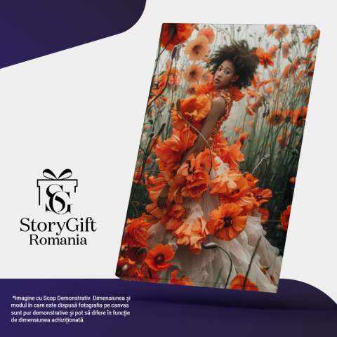 Tablou Canvas: Pielea Bronzată de Soarele de Mult Apus Femeia cu Flori Portocalii în Ceață Pictura Digitala 40x25CM [4]