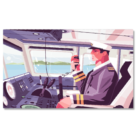 Meserii - Tablou Canvas Pilotul care Anunta prin Statie o Posibil Aterizare in Apa cccu Basca Alba si Imbracaminte Eleganta 40x25CM