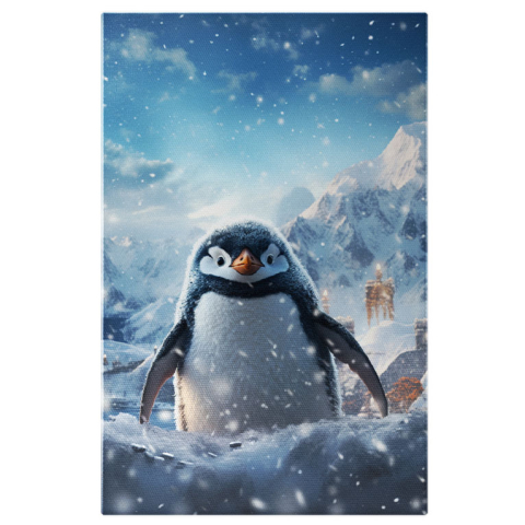 Personaje Desene Animate - Tablou Canvas:  Pinguinul Inzapezit Acoperit de Fulgii de Ninsoare cu Ciocul Portocaliu si Ochii Mirati Pictura Digitala 40x25CM