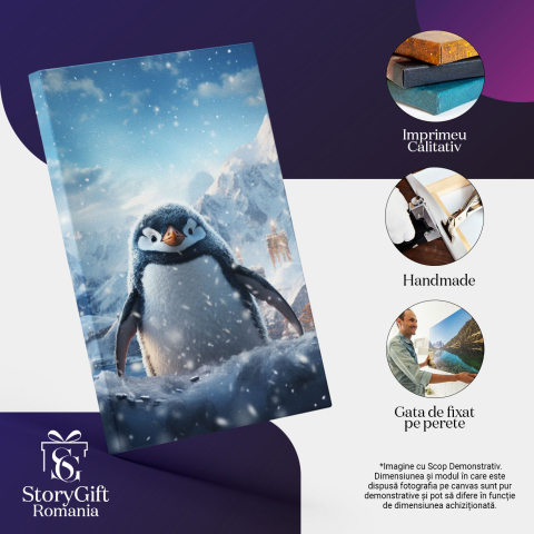 Tablou Canvas:  Pinguinul Inzapezit Acoperit de Fulgii de Ninsoare cu Ciocul Portocaliu si Ochii Mirati Pictura Digitala 40x25CM [2]