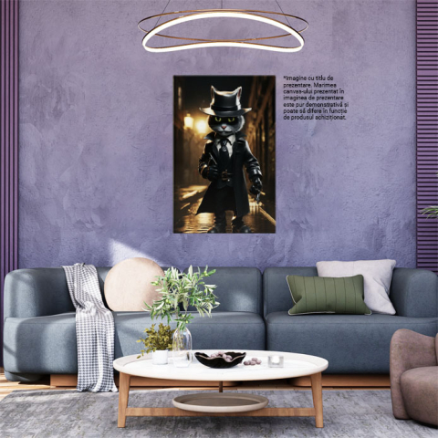 Tablou Canvas:  Pisic Agent Pisoi Misterios pe Strada Intunecata - Fotografie Creativa Pictura Digitala 40x25CM [1]