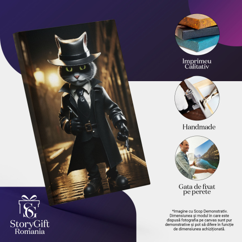 Tablou Canvas:  Pisic Agent Pisoi Misterios pe Strada Intunecata - Fotografie Creativa Pictura Digitala 40x25CM [2]