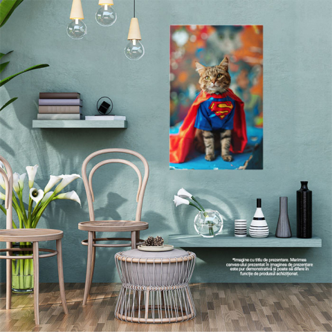 Tablou Canvas Pisica Bobtail în Costumul lui SuperMan Eroul de pe Cubul Albastru , Pictura Digitala 40x25CM [1]