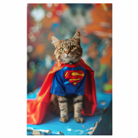 Pisici - Tablou Canvas Pisica Bobtail în Costumul lui SuperMan pe Cubul Albastru, Marime 40x25CM