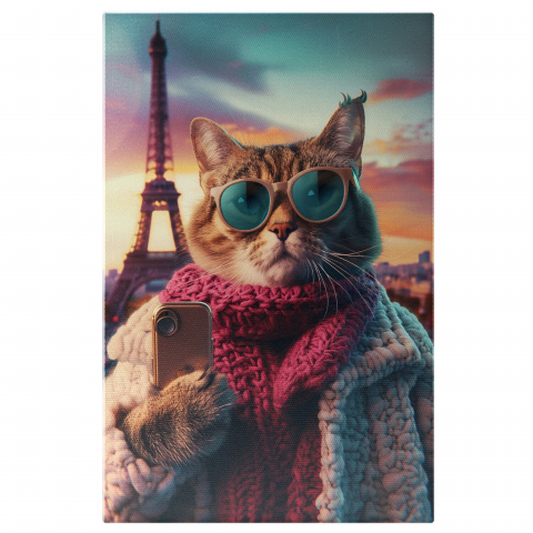 Atracții Turistice - Tablou Canvas Selfie cu Pisica Egipteană și Turnul Eiffel, Marime 40x25CM