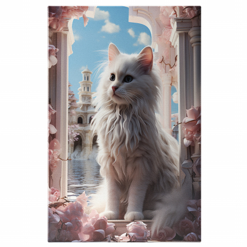 Pisici - Tablou Canvas cu Pisica Gala în Spațiu Roz - Pictură Digitală cu Nori, Cer, Flori și Eleganță Majestică, Marime 40x25CM