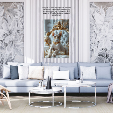 Tablou Canvas:  Pisică Sfinx trataă regește prin bijuterii și alte accesorii- Suveranitate felină Pictura Digitala 40x25CM [1]
