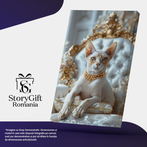 Tablou Canvas:  Pisică Sfinx trataă regește prin bijuterii și alte accesorii- Suveranitate felină Pictura Digitala 40x25CM [4]