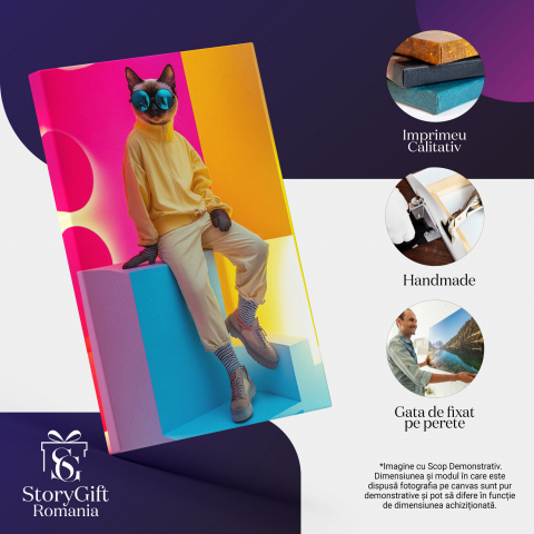 Pisică în Costum Fashion, Ochelari Albaştri, Compleu Galben Pe Tablou CanvasMarime 90x60CM [3]