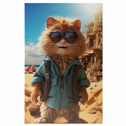 Pisici - Pisicuța cu Blană Mare și Ochelari de Soare Negri în Jachetă Albastră cu Genți pe Umăr - Pictură Digitală, Marime 40x25CM