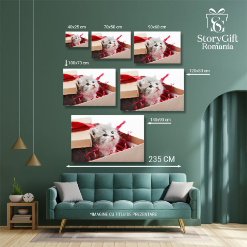 Tablou Canvas Pisicuta Gri Curioasa Privind de Pe Masa de Decoratii, Pisica, Draguta, Jucarie, Pufos 2795 40x25CM [4]