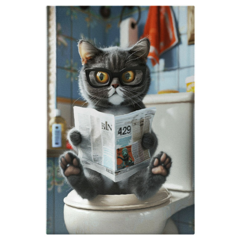 Animale - Tablou Canvas Pisoiul Gri cu Lăbuțe Roz Se Relaxează în Baie și Citește Ziarul Purtănd Ochelari , Pictura Digitala 40x25CM