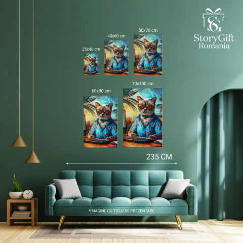 Tablou Canvas Pisoiul Korat în Cămașă Tropicală - Lucrează la Calculator | Artă Digitală, Marime 40x25CM [3]