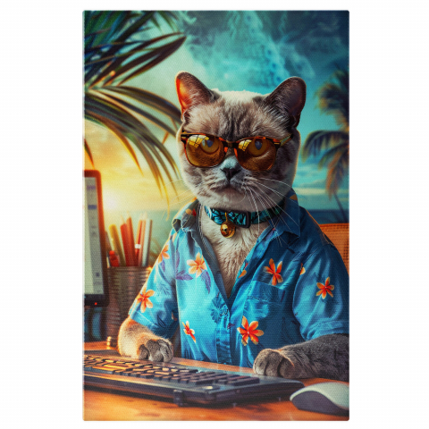 Pisici - Tablou Canvas Pisoiul Korat în Cămașă Tropicală - Lucrează la Calculator | Artă Digitală, Marime 40x25CM