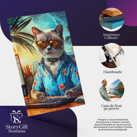 Tablou Canvas Pisoiul Korat în Cămașă Tropicală - Lucrează la Calculator | Artă Digitală, Marime 40x25CM [1]